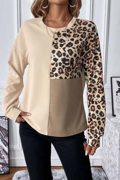Leopard Waffle Knit Long Sleeve T-Shirt